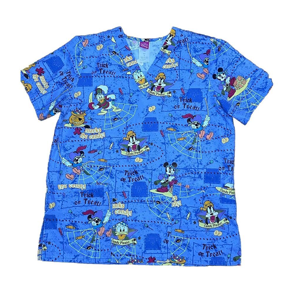 Disney Scrub Medical Top Women's  Size SM Donald‎ Duck Mickey Pluto Halloween